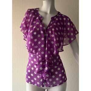 Vintage Y2K Barney Purple Blouse Button Up Ruffle Polka Dots Size M Fall staple